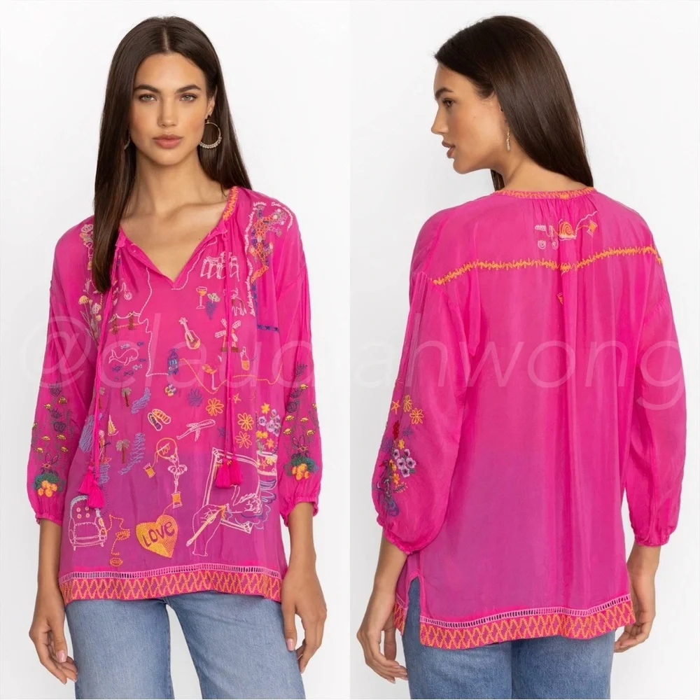 JOHNNY WAS Zadonia Embroidered Tie Neck Blouse in Fuchsia Pink
